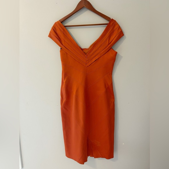 Karen Millen England Orange Off Shoulder Sheath Dress Size 10 Formal - Picture 2 of 8